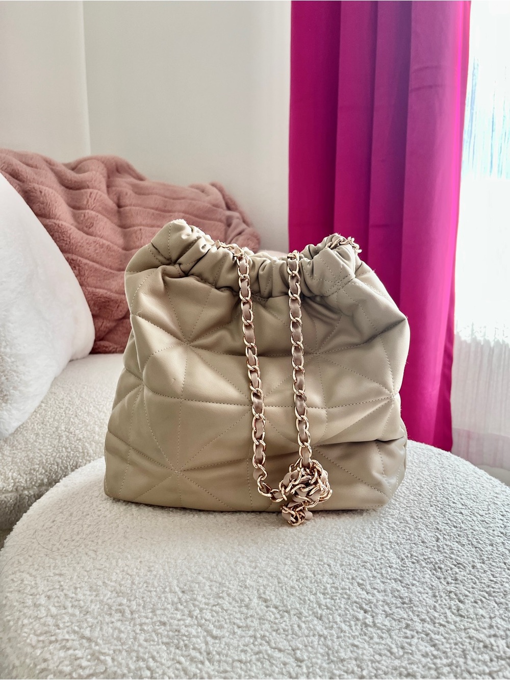 A New Day Quilted Drawstring Shoulder Bag in Beige with Chain Strap